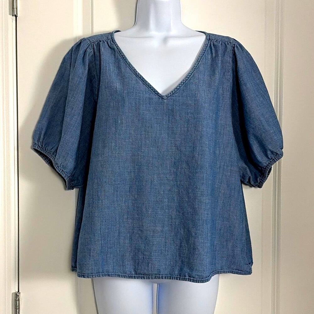 J.CREW Chambray Blue V-Neck Puff Short Sleeve Blouse Top XLBoho cottage core